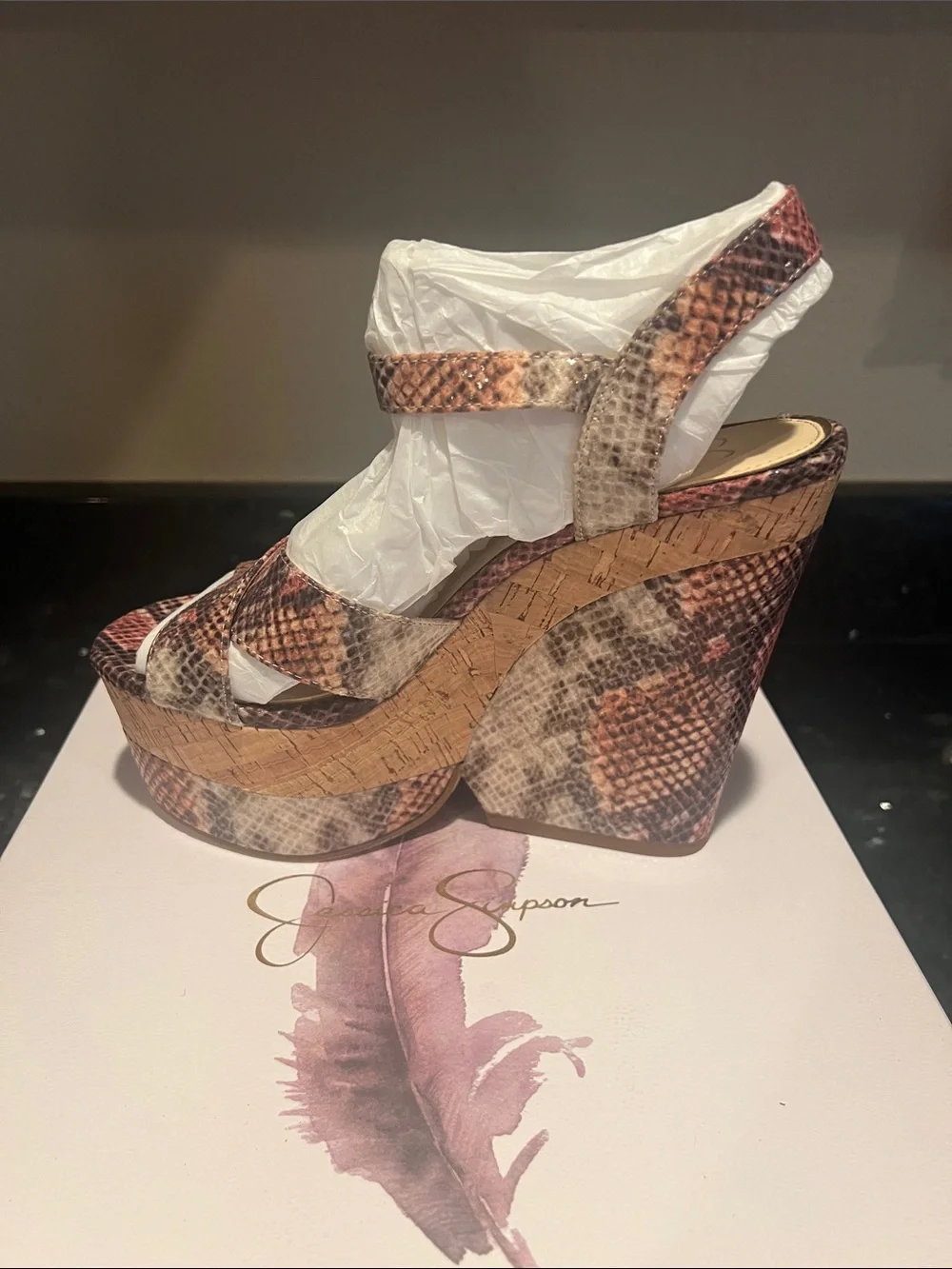 Jessica Simpson Cork Platform Wedge Sandal in Snake-Print Brown Multi size 8
